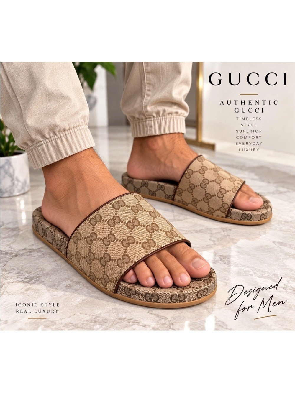 Gucci Men’s Brown Beige GG Monogram Slide Sandals